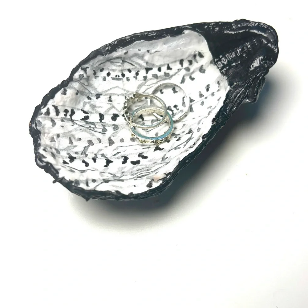 Handmade oyster shell ring dish with snowey berch tree decoupage design